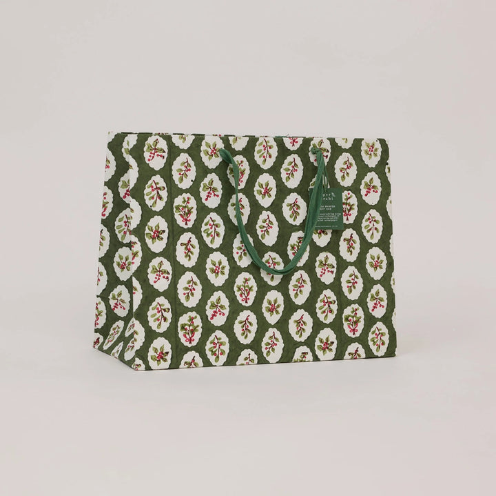 Hand Block Printed Gift Bags - Scallop Tiles Holly Green