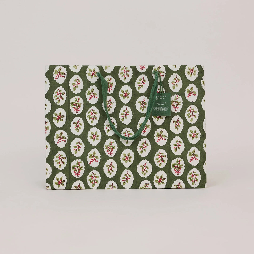 Hand Block Printed Gift Bags - Scallop Tiles Holly Green