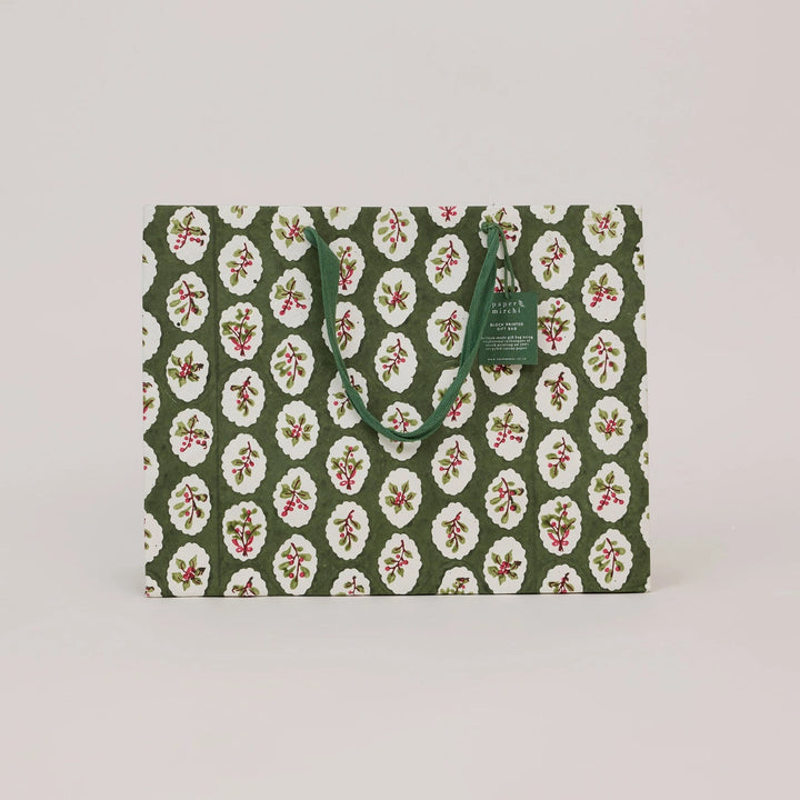 Hand Block Printed Gift Bags - Scallop Tiles Holly Green