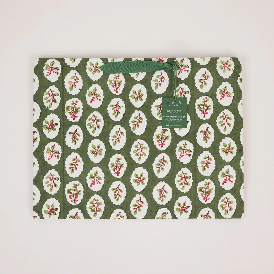 Hand Block Printed Gift Bags - Scallop Tiles Holly Green