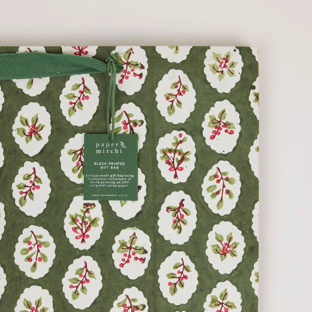 Hand Block Printed Gift Bags - Scallop Tiles Holly Green