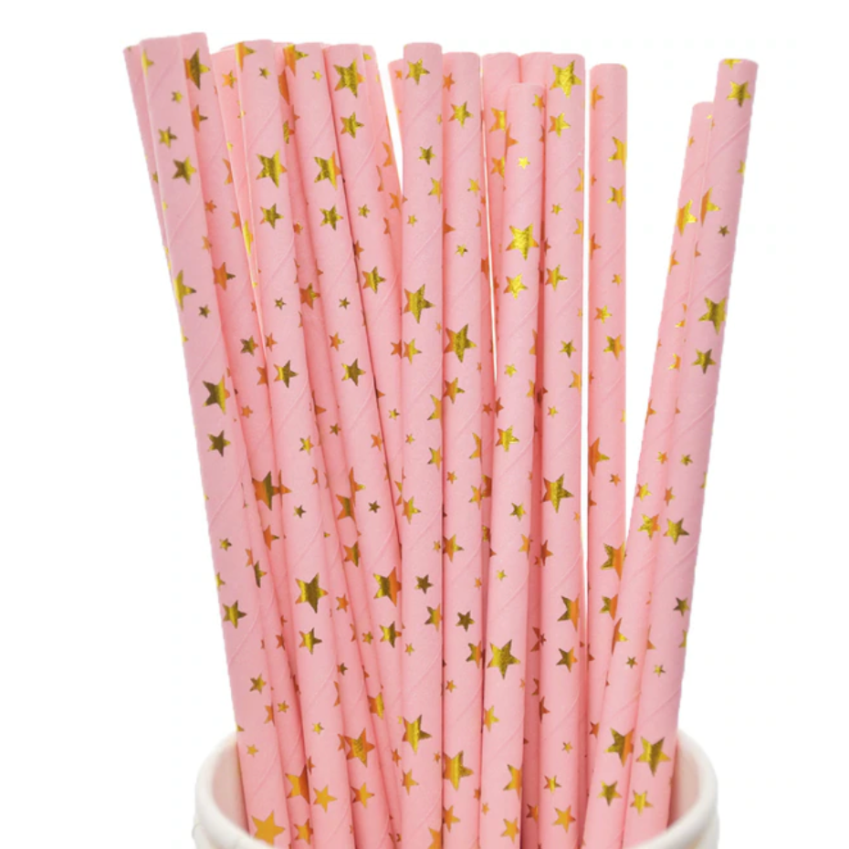 Paper Straws - Gold Foil Star on Pink