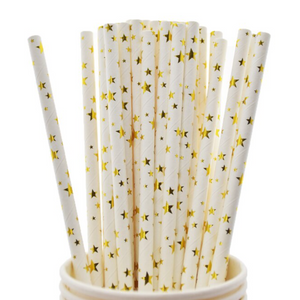 Paper Straws - Gold Foil Star on White