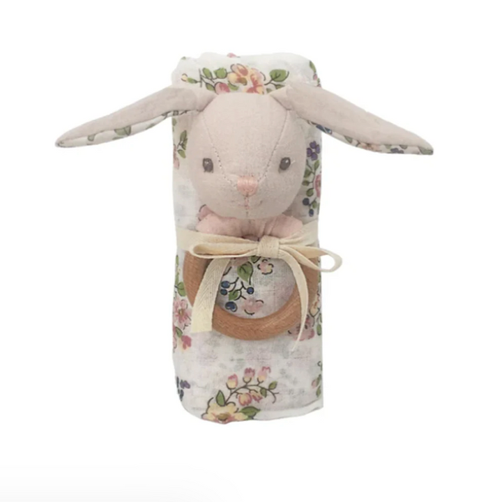 Floral Muslin and Bunny Wood Rattle Gift Set