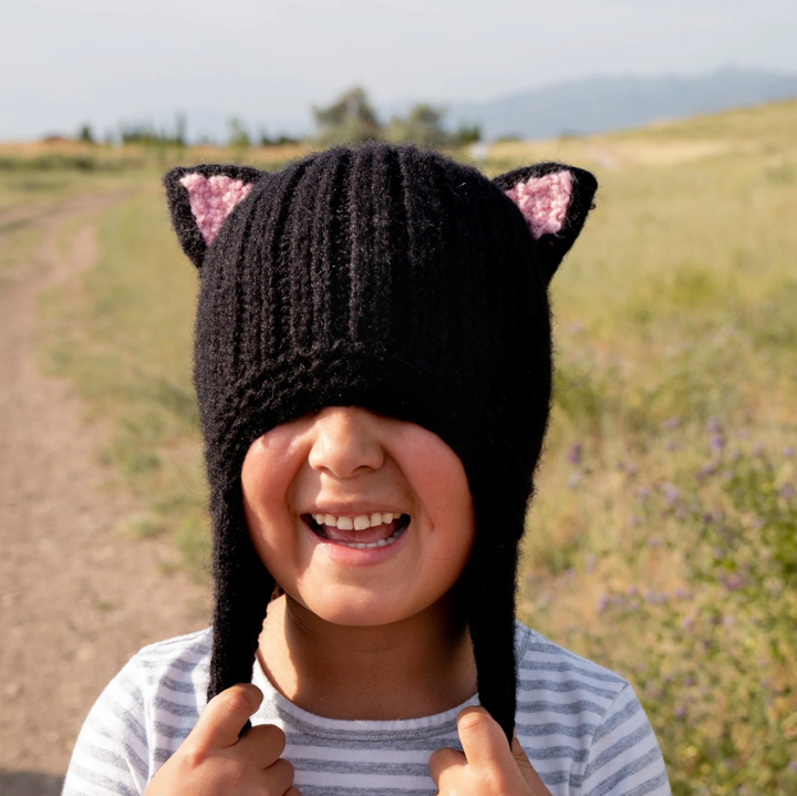 Kids Knitted Animal Hat - Black Cat