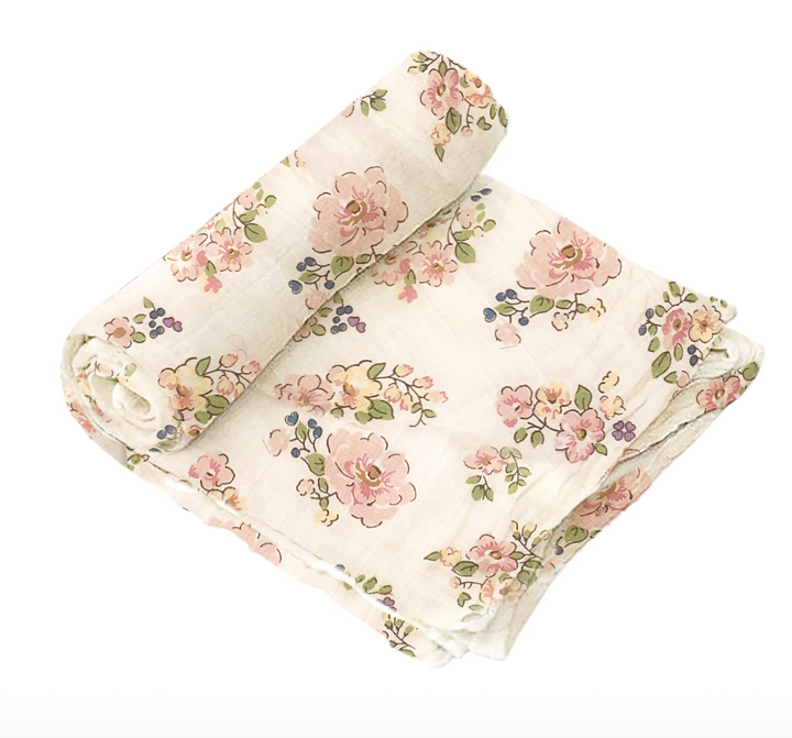 Floral Muslin and Bunny Wood Rattle Gift Set
