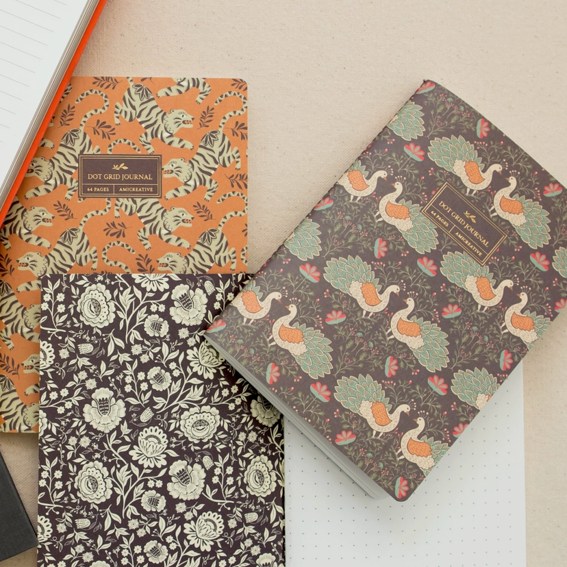 Linen Stitched Dot Grid Journal - Floral