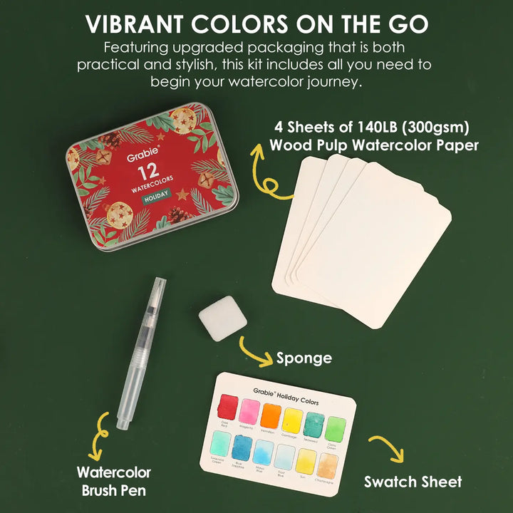 Watercolor Pocket Set of 12 Colors with Brush - Holiday Colors