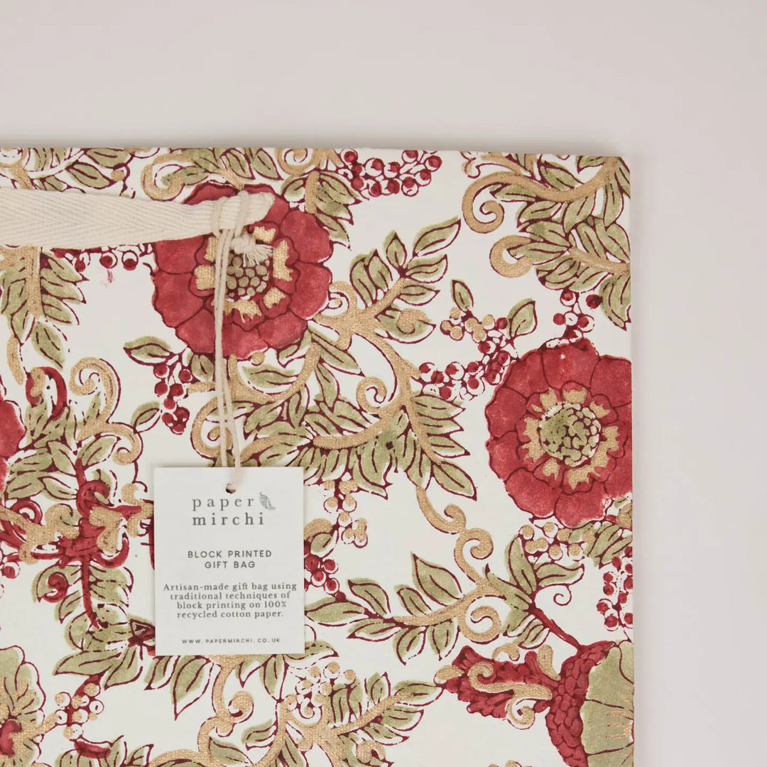 Hand Block Printed Gift Bags - Wild Rose Winter Red