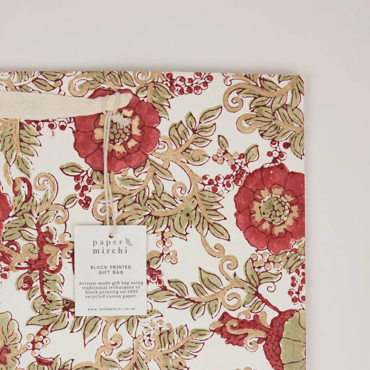 Hand Block Printed Gift Bags - Wild Rose Winter Red