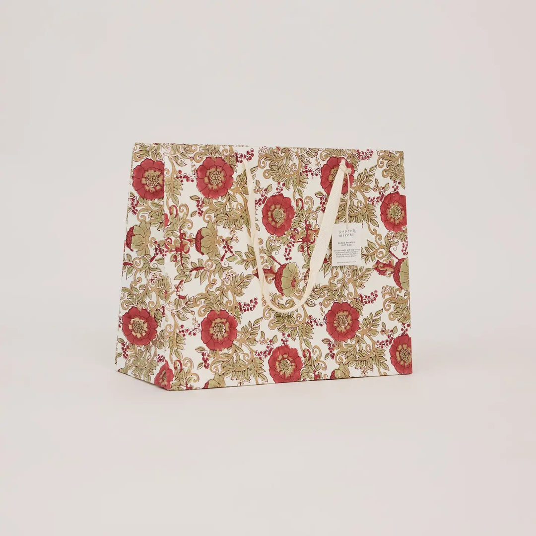 Hand Block Printed Gift Bags - Wild Rose Winter Red