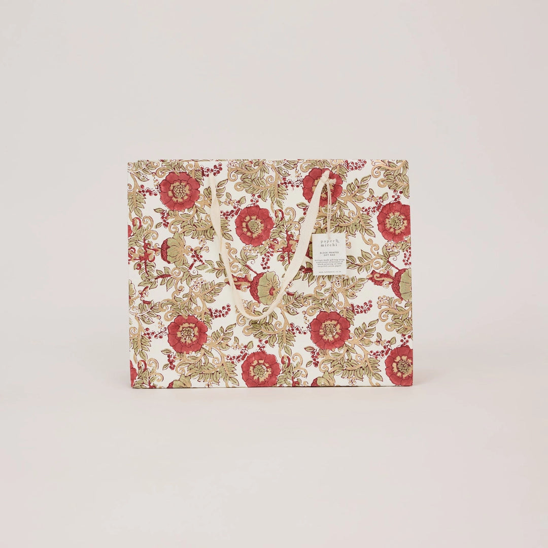 Hand Block Printed Gift Bags - Wild Rose Winter Red
