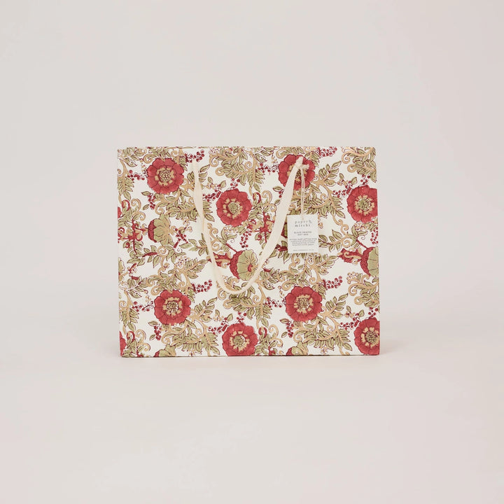 Hand Block Printed Gift Bags - Wild Rose Winter Red