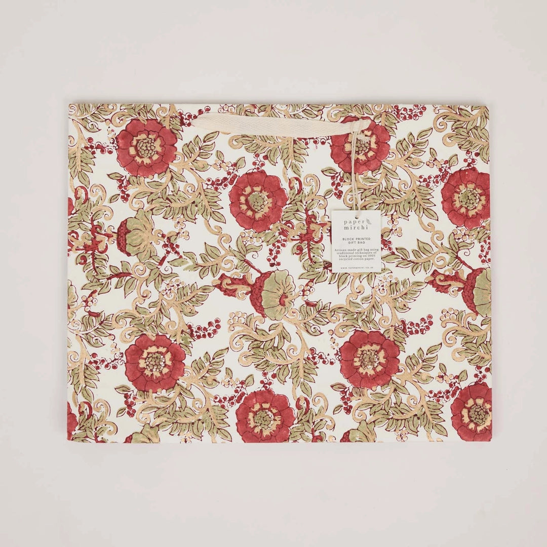 Hand Block Printed Gift Bags - Wild Rose Winter Red