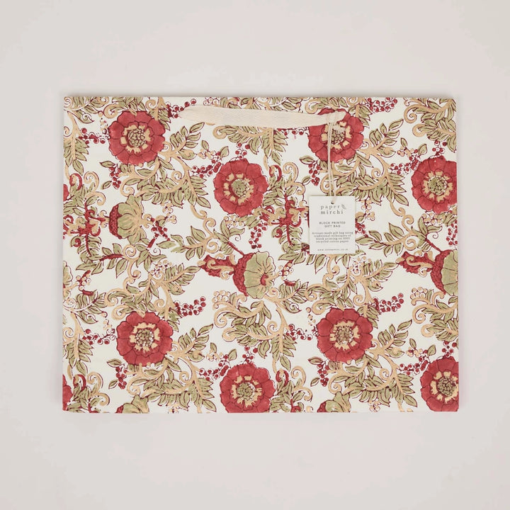 Hand Block Printed Gift Bags - Wild Rose Winter Red