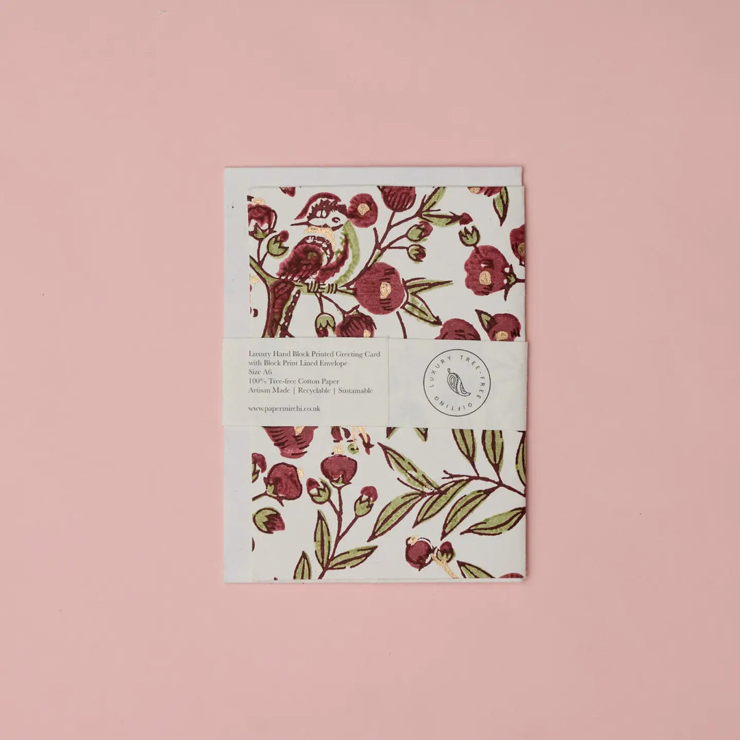 Hand Block Printed Greeting Card - Songbird Scarlet
