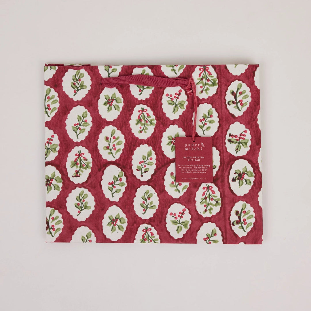 Hand Block Printed Gift Bags - Scallop Tiles Christmas Pudding
