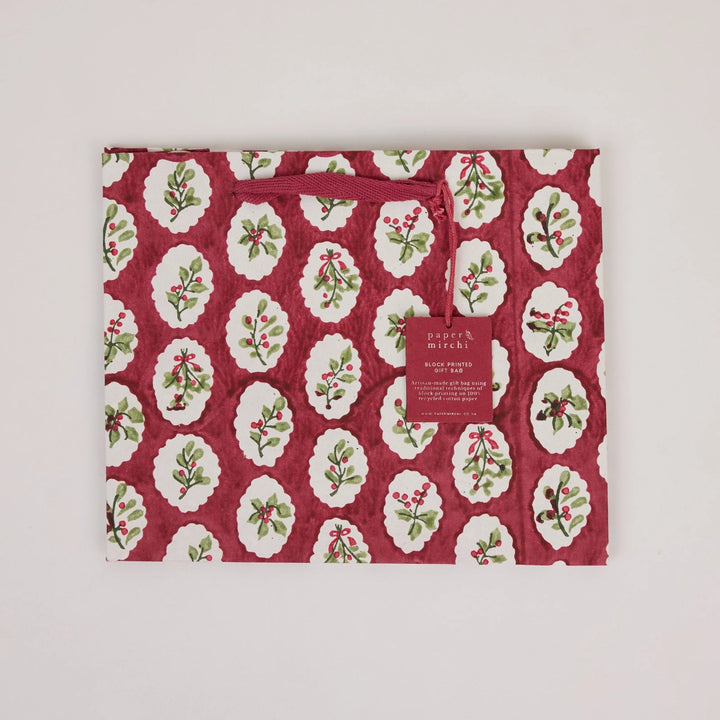Hand Block Printed Gift Bags - Scallop Tiles Christmas Pudding