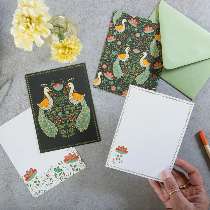 Teal Peacock Floral Luxury Stationery Set – 8 Flat Notecards