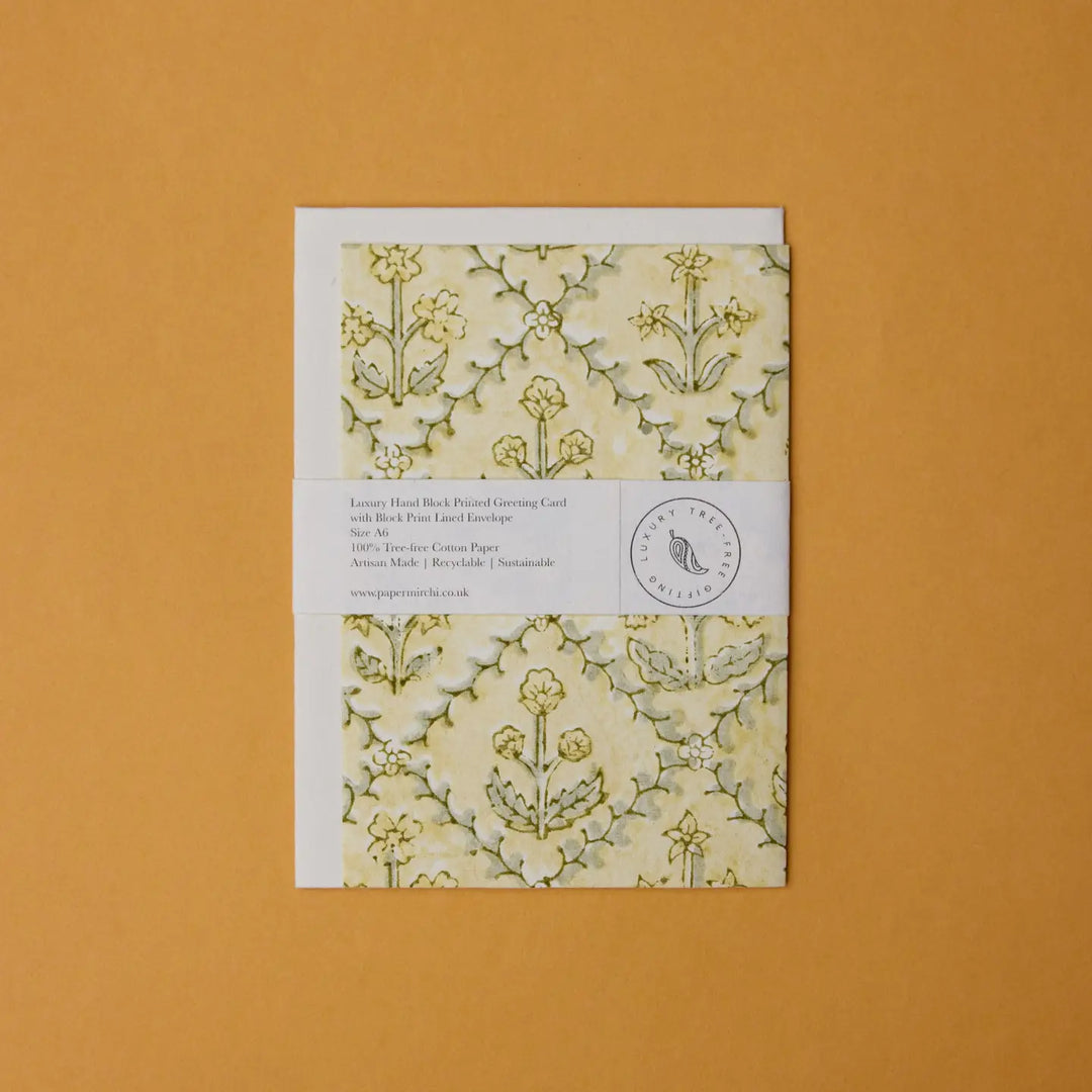 Hand Block Printed Greeting Card - Floral Lattice Buttercream