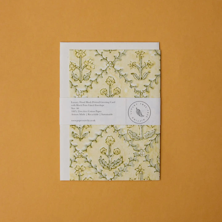 Hand Block Printed Greeting Card - Floral Lattice Buttercream