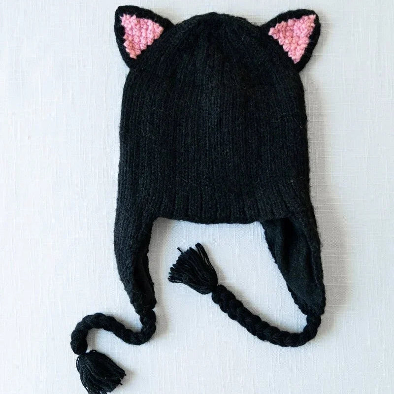Kids Knitted Animal Hat - Black Cat