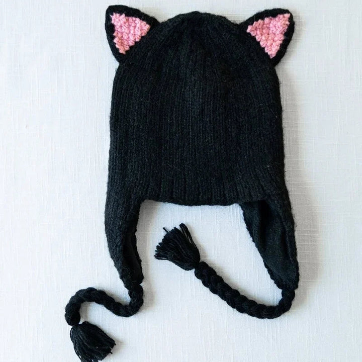 Kids Knitted Animal Hat - Black Cat