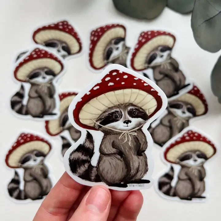 Raccoon With Mushroom Cap Vinyl Sticker