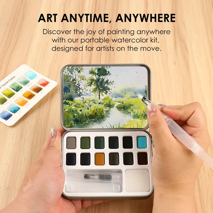 Watercolor Pocket Set of 12 Colors with Brush - Forest Colors