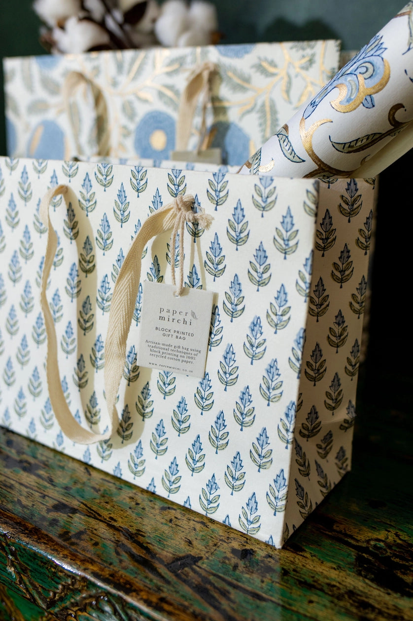 Hand Block Printed Gift Bags - Buti Blue Stone