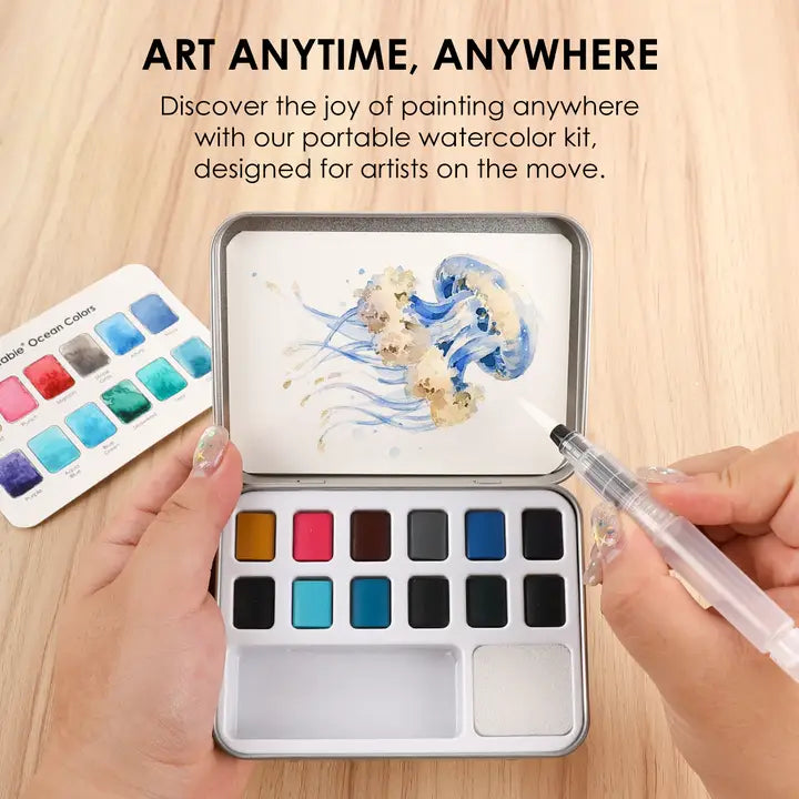 Watercolor Pocket Set of 12 Colors with Brush - Ocean Colors