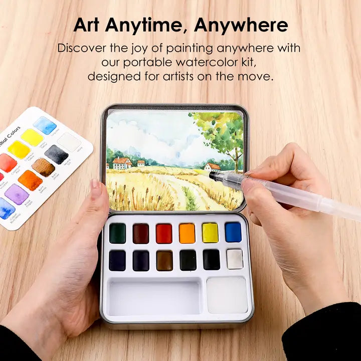Watercolor Pocket Set of 12 Colors with Brush - Essential Colors