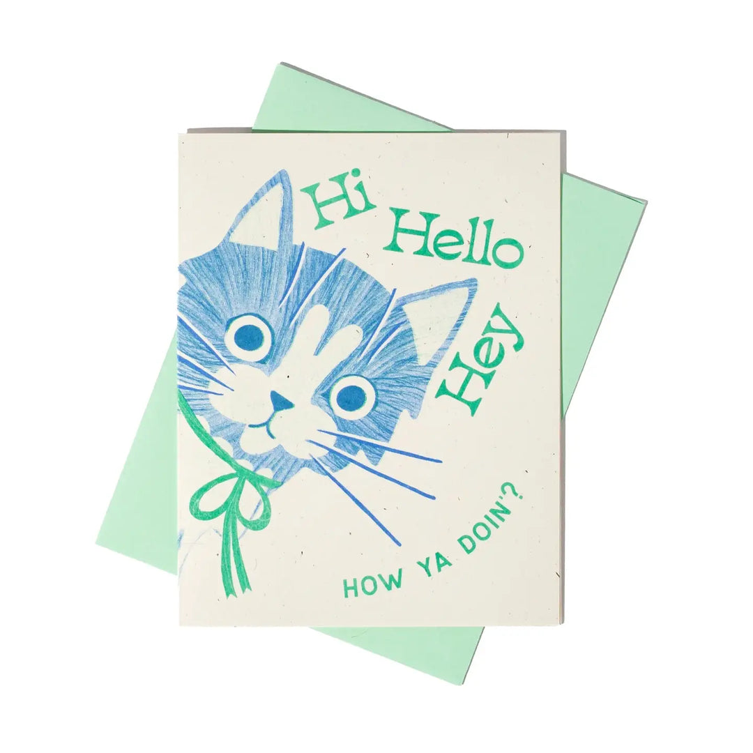 Hi Hello Hey Cat - Risograph Card
