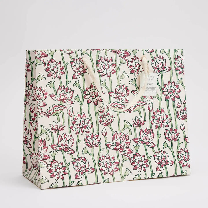 Hand Block Printed Gift Bags - Lotus Cherry