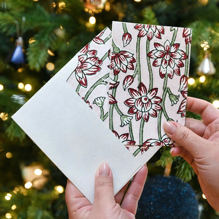 Hand Block Printed Greeting Card - Lotus Cherry