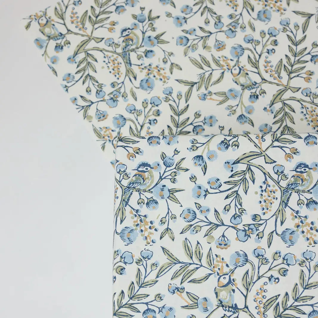 Hand Block Printed Gift Wrap Sheets - Song Birds Blue Stone (Roll of 3)