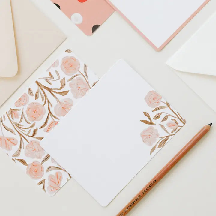 Pink Floral Flat Notecard Set | Boxed Set of 6
