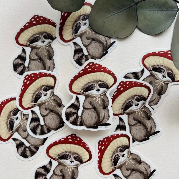 Raccoon With Mushroom Cap Vinyl Sticker