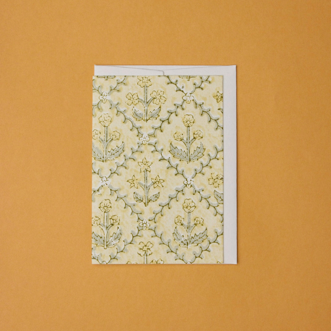 Hand Block Printed Greeting Card - Floral Lattice Buttercream