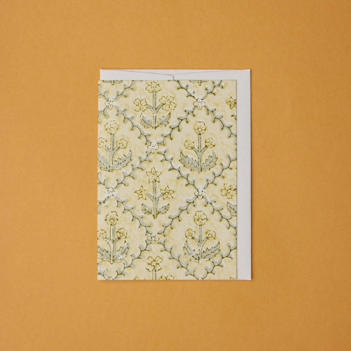 Hand Block Printed Greeting Card - Floral Lattice Buttercream