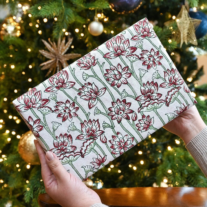 Hand Block Printed Gift Wrap Sheets - Lotus Cherry (Roll)