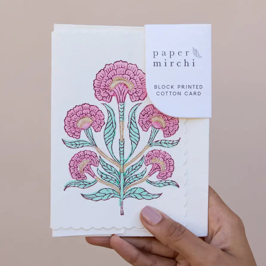 Hand Block Printed Greeting Card - Poppy Mint Rose