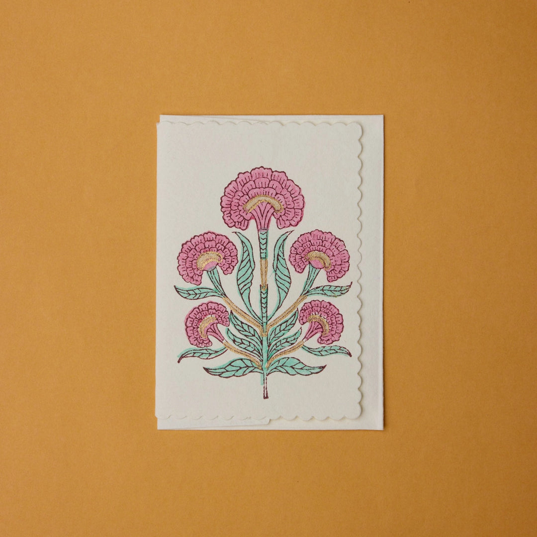Hand Block Printed Greeting Card - Poppy Mint Rose