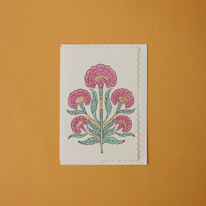 Hand Block Printed Greeting Card - Poppy Mint Rose