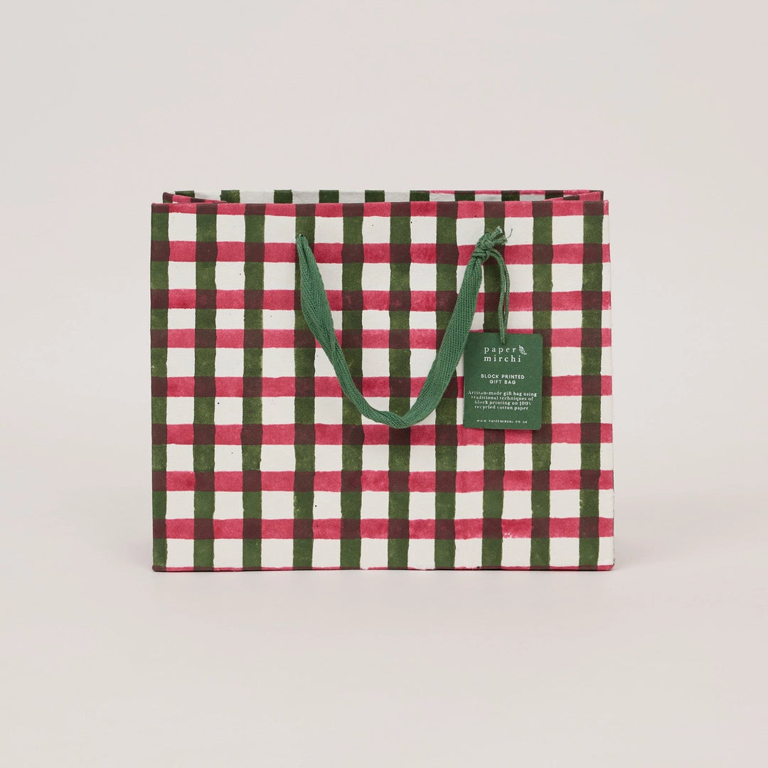 Hand Block Printed Gift Bags - Gingham Holly Green
