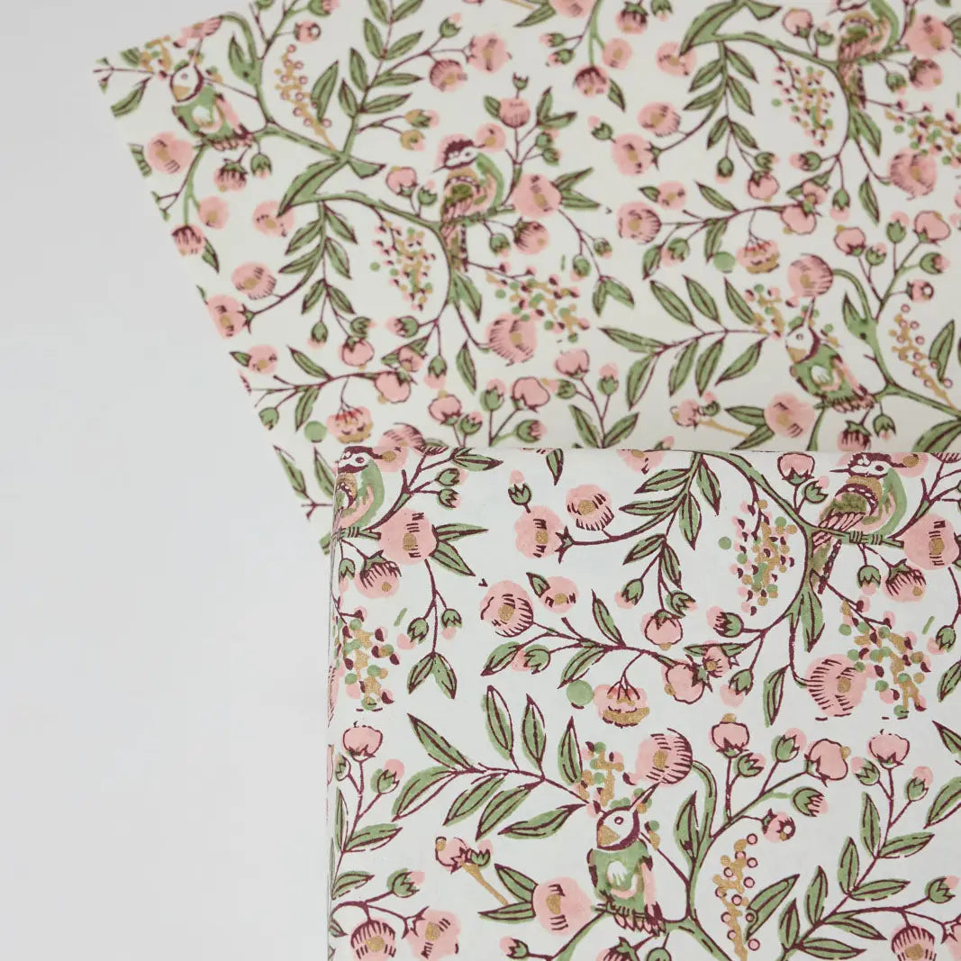 Hand Block Printed Gift Wrap Sheets - Song Birds Blush (Roll of 3)