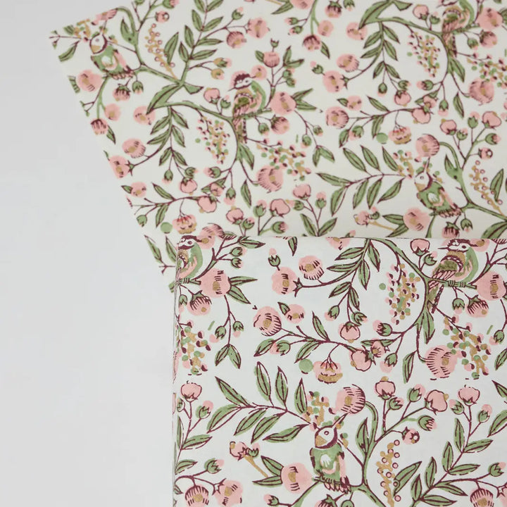 Hand Block Printed Gift Wrap Sheets - Song Birds Blush (Roll of 3)