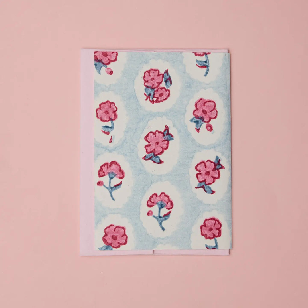 Hand Block Printed Greeting Card - Scallop Tiles Pink Sorbet