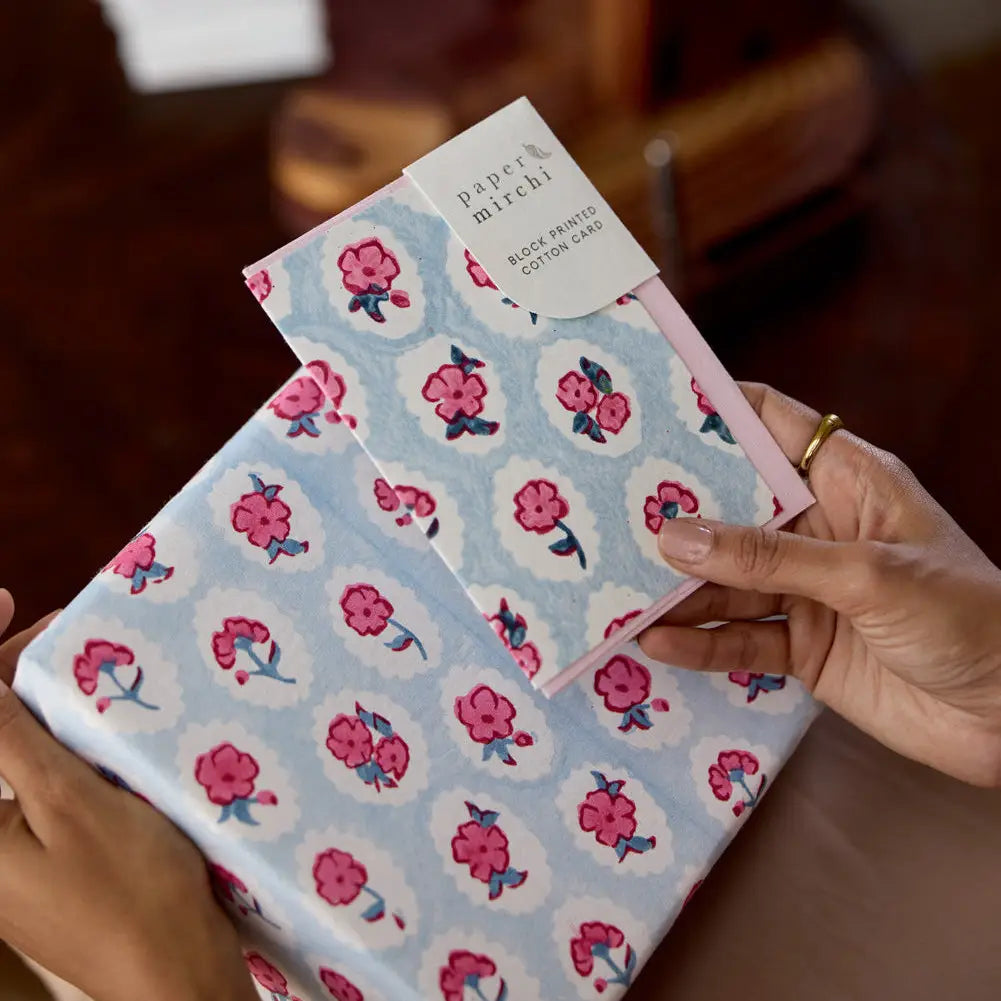 Hand Block Printed Greeting Card - Scallop Tiles Pink Sorbet