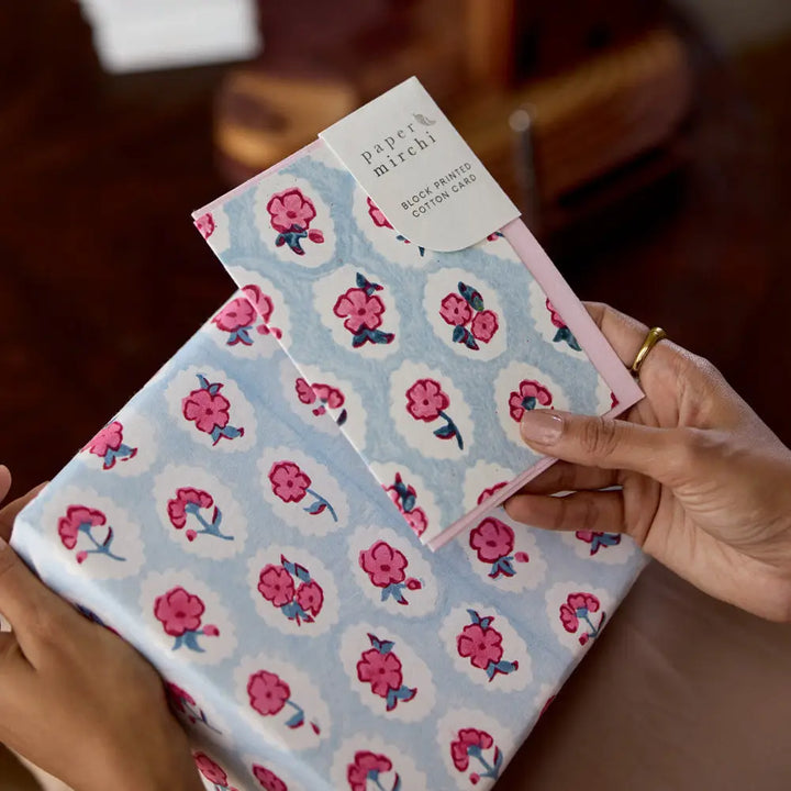 Hand Block Printed Greeting Card - Scallop Tiles Pink Sorbet